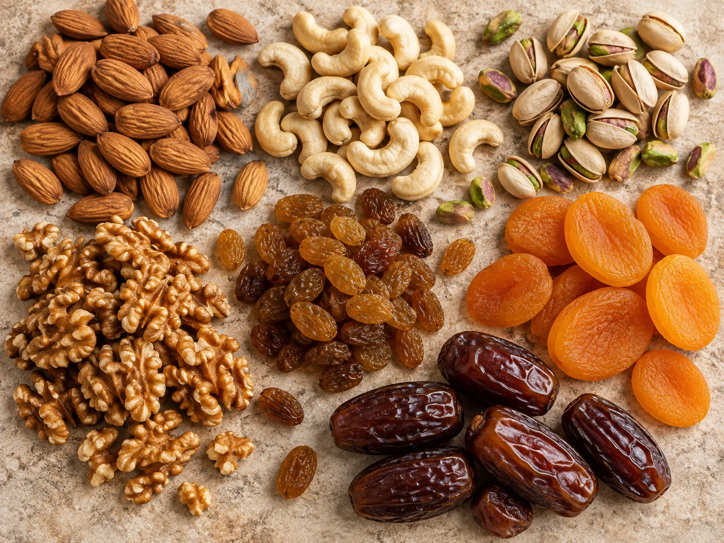 Assorted almonds, cashews, pistachios, walnuts, raisins, dried apricots and dates