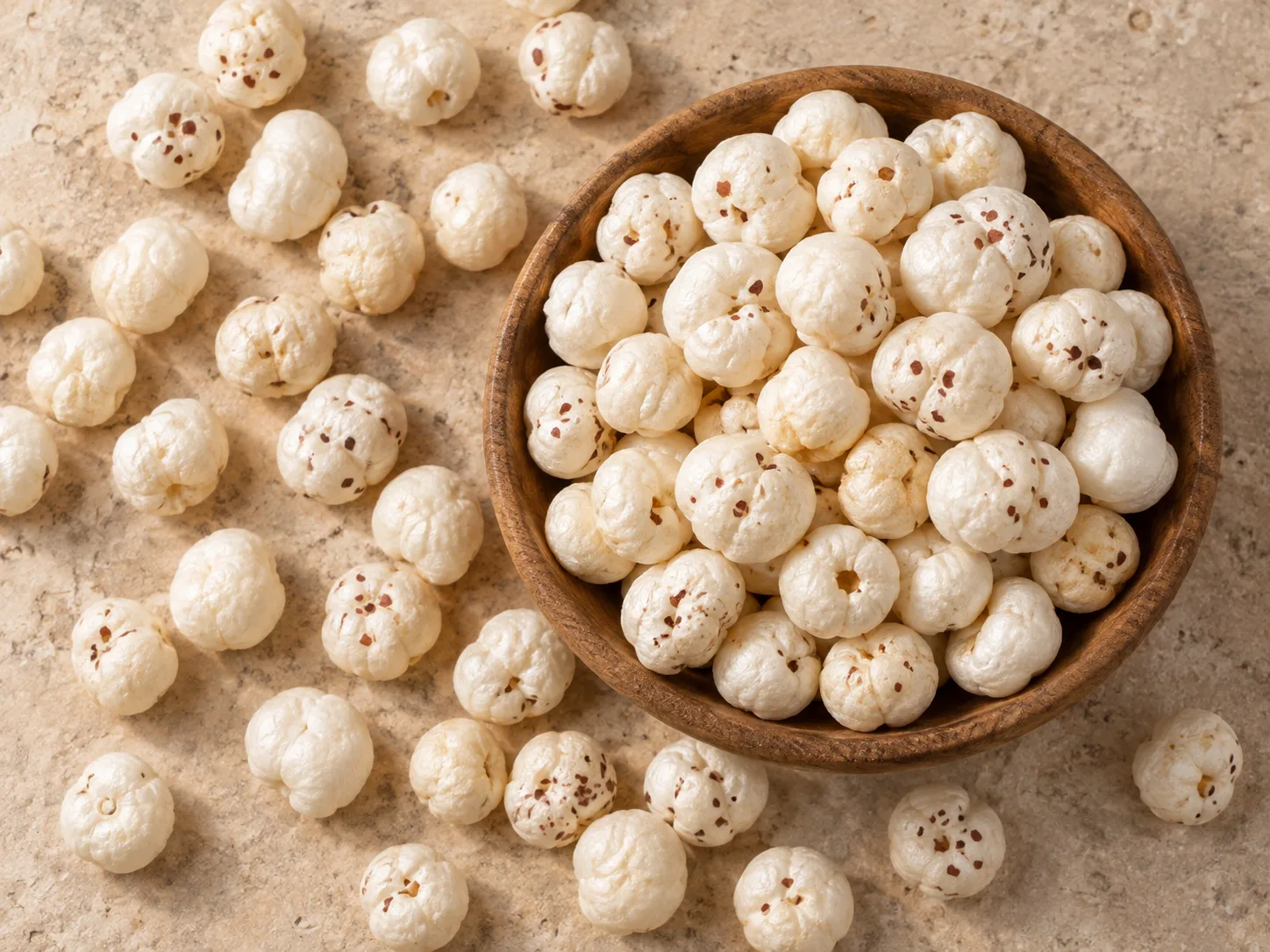 Popped makhana fox nuts arranged around a wooden bowl