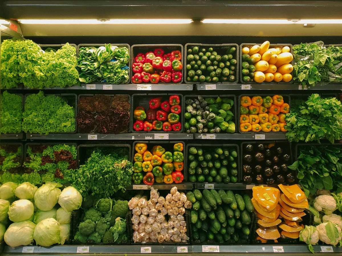 Assorted fresh vegetables displayed by type